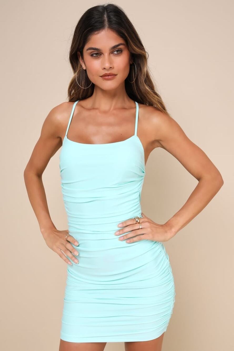 Lulus Confident Allure Mint Green Ruched Lace-Up Bodycon Mini Dress Party Size L